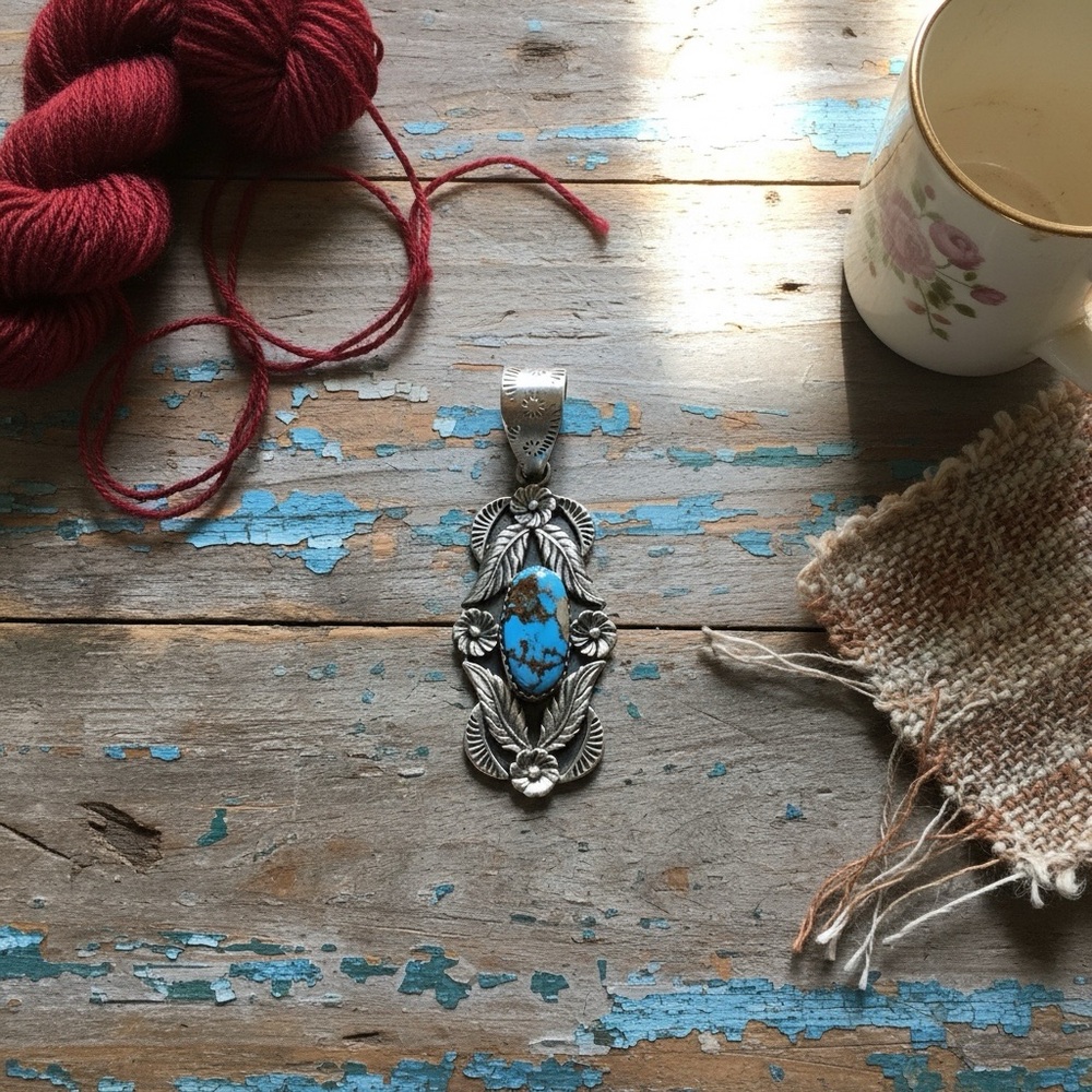 Kingman Turquoise in Solid Sterling Silver Leaf Pendant Only